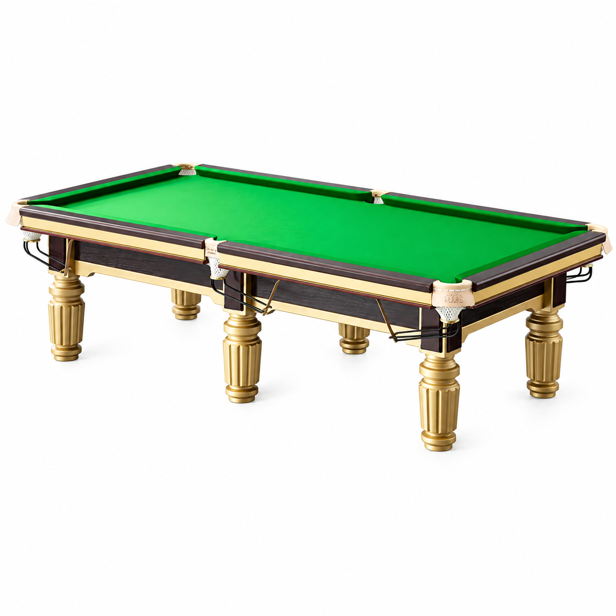 V9 six-leg Chinese eight-ball table with green cloth and gold-finish legs