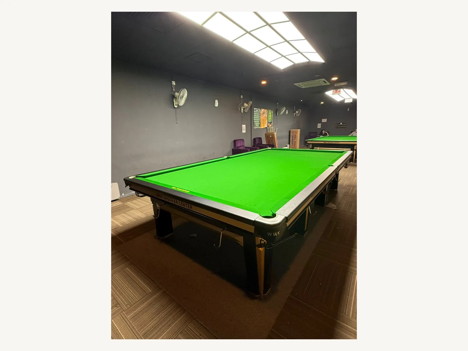 Zhanhu nine-foot Chinese eight-ball table with rounded pocket openings and green cloth